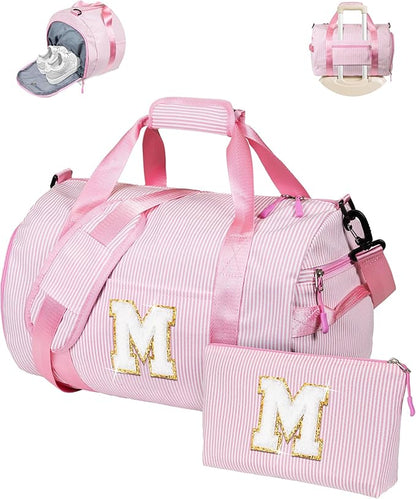 Cheer Up Gifts for Kid, Girl Gym Bag, Kids Initial Overnight Duffel Bags with Shoe Compartment, Personalized Travel Bag with Makeup Pouch, Preppy Things for Teen Girls (Letter M)