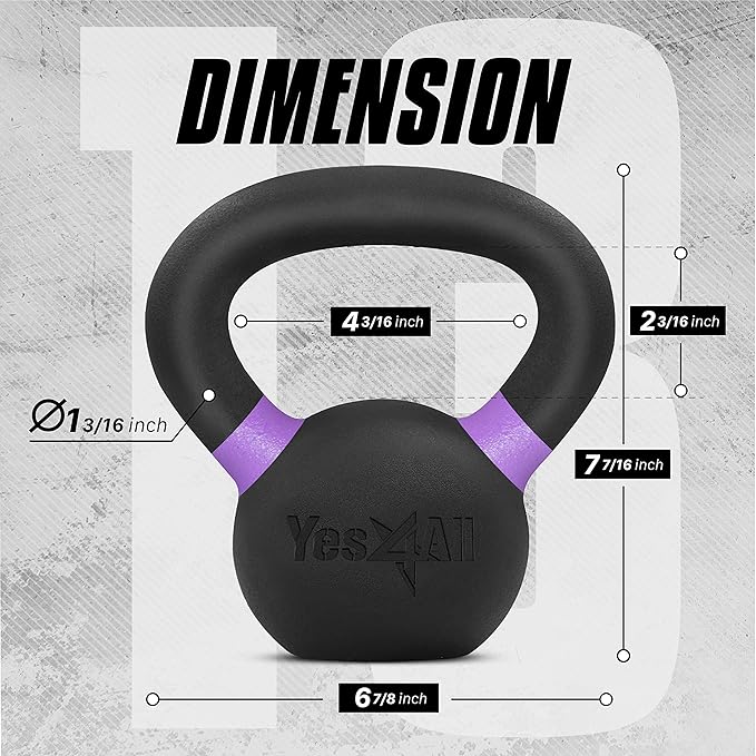 Yes4All Kettlebell, Heavy Duty Powder Coated Cast Iron Kettlebells, Non-Slip Handle & Flat Bottom for Conditioning, Strength Training & Full Body Exercises at Home Gym - Single & Pair