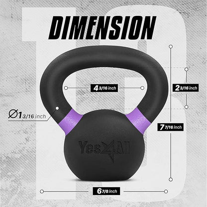 Yes4All Kettlebell, Heavy Duty Powder Coated Cast Iron Kettlebells, Non-Slip Handle & Flat Bottom for Conditioning, Strength Training & Full Body Exercises at Home Gym - Single & Pair