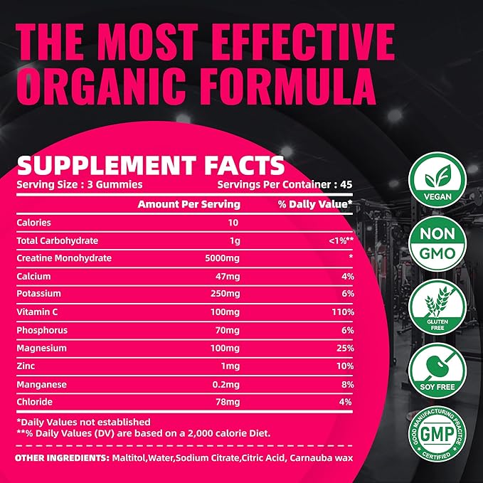 Creatine Monohydrate Gummies (5g) – Pre-Workout Energy & Muscle Growth Support for Men & Women | Raspberry Electrolyte Gummies (135 Count)