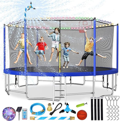 Upgraded 10/12/14/15/16FT Trampoline Outdoor, Large Kids Trampoline with Light, Stakes, Sprinkler, Backyard Trampoline with Basketball Hoop and Net, Capacity for 4-6 Kids and Adults