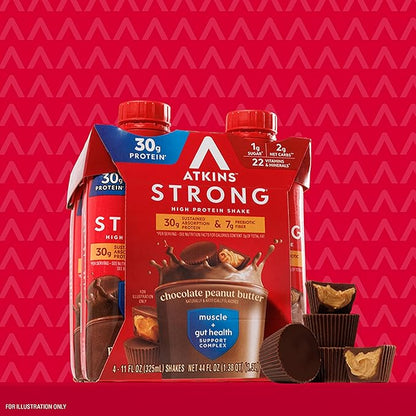 Atkins Strong High Protein Shake, Chocolate Peanut Butter Flavor, 30g Protein, Low Carb and Low Sugar Shake, Keto Friendly, Gluten Free, Muscle and Gut Health Support Complex, 12 Count