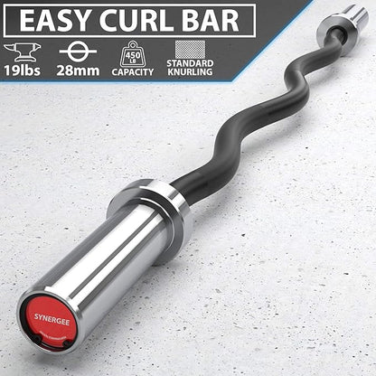 Synergee Commercial EZ Curl Olympic Bar Chrome & Black Phosphate with Powder Coated Brass Bushings Excellent for Bicep Curls and Triceps Extensions