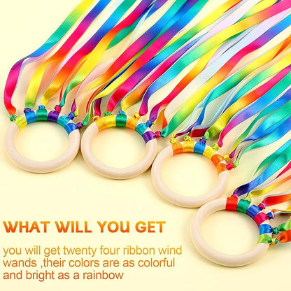Junkin Ribbon Rings Hand Kite Waldorf Toys Dancing Wrist Ribbons Rainbow Streamers with Wood Ring Sensory Learning Educational Toy for Playroom Dancing Birthday Party Gift(Gradient,24 Pcs)