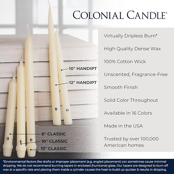 Colonial Candle Unscented Taper Candle, Classic Collection, White, 12 In, Pack of 12 - Up to 10 Hours Burn