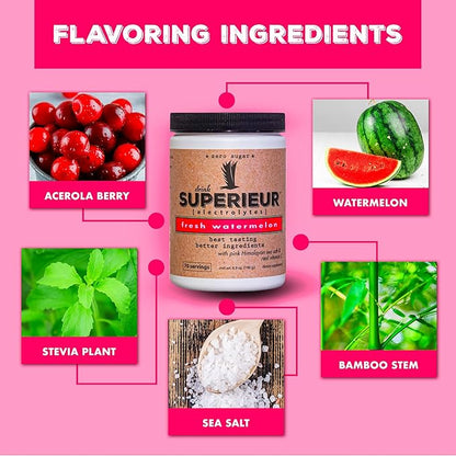 Superieur Electrolytes ??Plant Based Electrolyte Supplement w/Sea Minerals for Hydration & Recovery ??Keto Friendly, Non-GMO, Zero Sugar, Vegan Healthy Sports Drink Powder ??Watermelon (70 Servings)