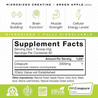 Muscle Feast Creapure - Micronized Creatine Monohydrate Powder | Premium Pre-Workout or Post-Workout | Flavored Creatine for Women & Men | Easy to Mix, Gluten-Free, Safe and Pure (Green Apple, 250g)