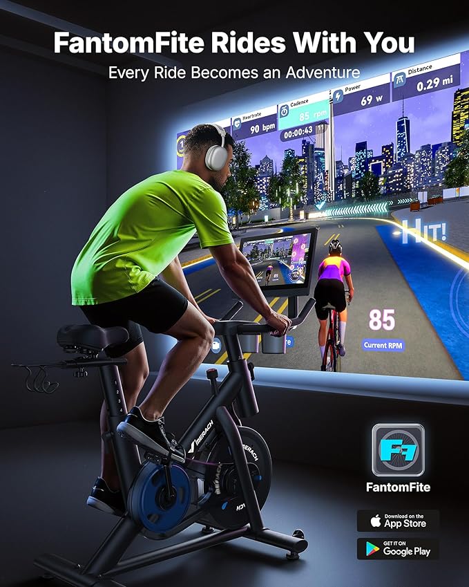 MERACH Exercise Bike, Brake Pad Stationary Bike with Exclusive App, Low Noise Indoor Cycling Bike with 300lbs Weight Capacity, Tablet Mount and Fitness Courses for Weight Loss