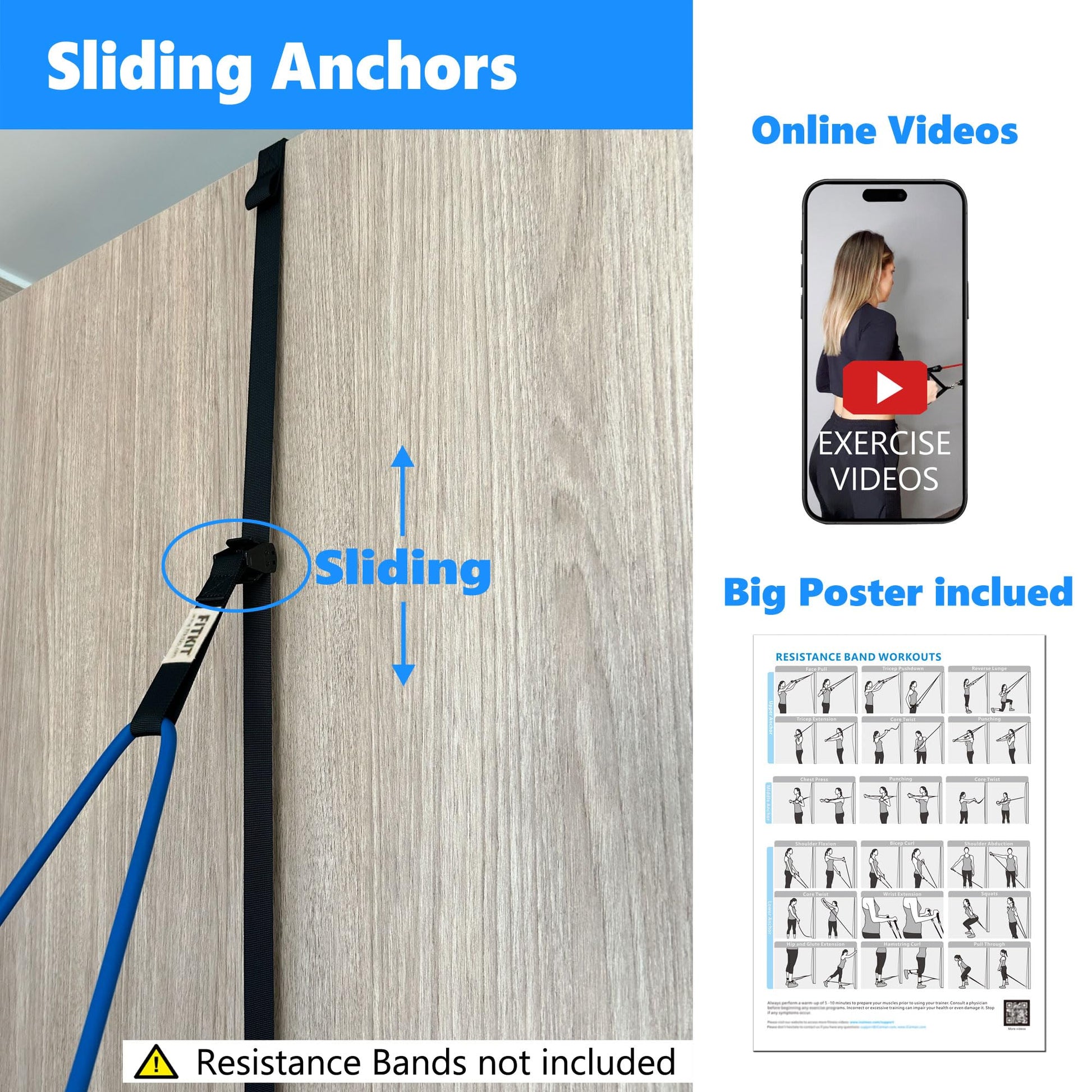 FITKIT Sliding Door Anchor for Resistance Bands, Adjustable Height