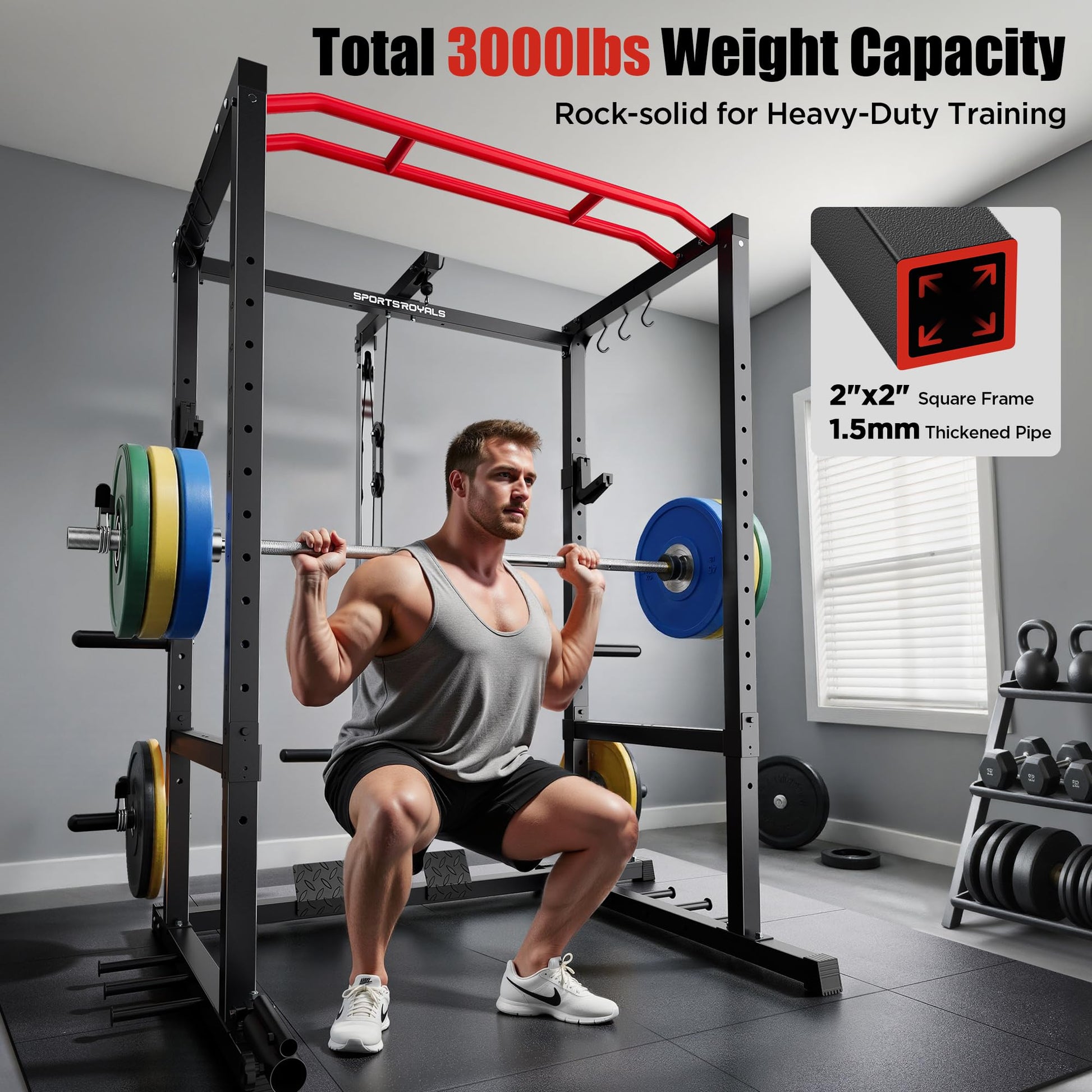 SPORTSROYALS Squat Rack, 1200 lb Power Cage with LAT Pulldown for Home Gym