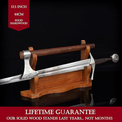Mythrojan Solid Wood Sword Stand Wall Mount Display Rack for Medieval, Samurai, Katana & Knife Collections Durable, Stylish, Space-Saving Holder - Two Tier Stand