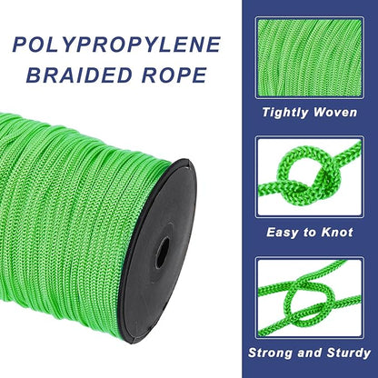 MECCANIXITY 3/16 Inch Polypropylene Rope Braided Ropes, 328ft Nylon Rope Hollow Utility Cord for Clothesline, Camping, Hiking, Outdoor, Light Green