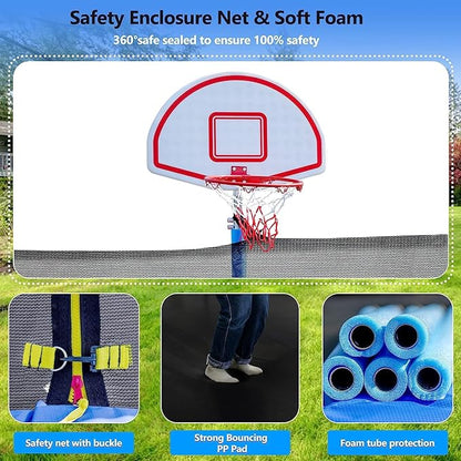 Upgraded 10/12/14/15/16FT Trampoline Outdoor, Large Kids Trampoline with Light, Stakes, Sprinkler, Backyard Trampoline with Basketball Hoop and Net, Capacity for 4-6 Kids and Adults