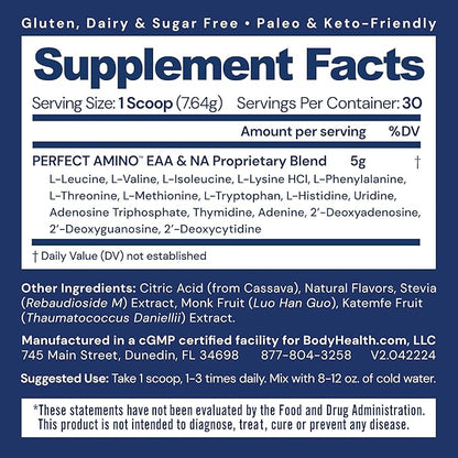 BodyHealth PerfectAmino Powder - BCAA and EAA Powder for Pre and Post Workout - Amino Acid Energy Drink for Men and Women to Support Lean Muscle and Recovery - Lemon Lime - 30 Servings
