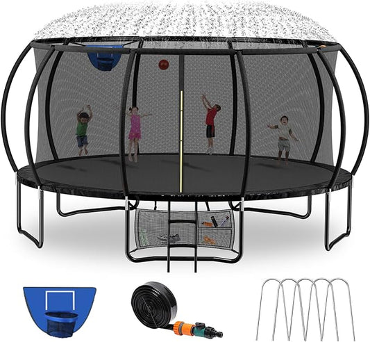 14FT & 16FT Trampoline for Kids & Adults, Big Round Trampoline with Basketball Hoop, Sprinkler & ASTM Certified