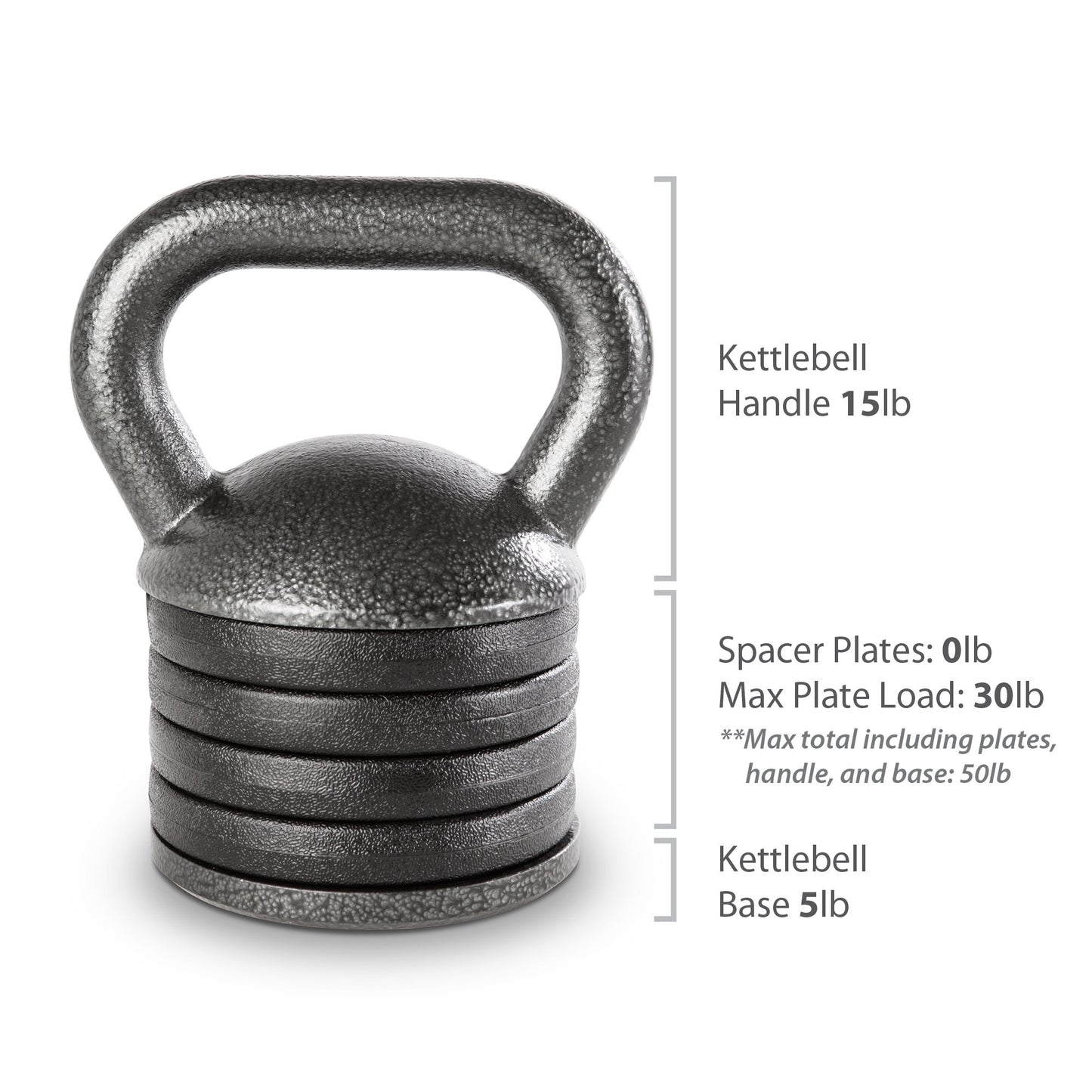 Apex 20lb Adjustable Cast Iron Kettlebell Handle, Compatible with 1” Weight Plates, Up to 50lb Load