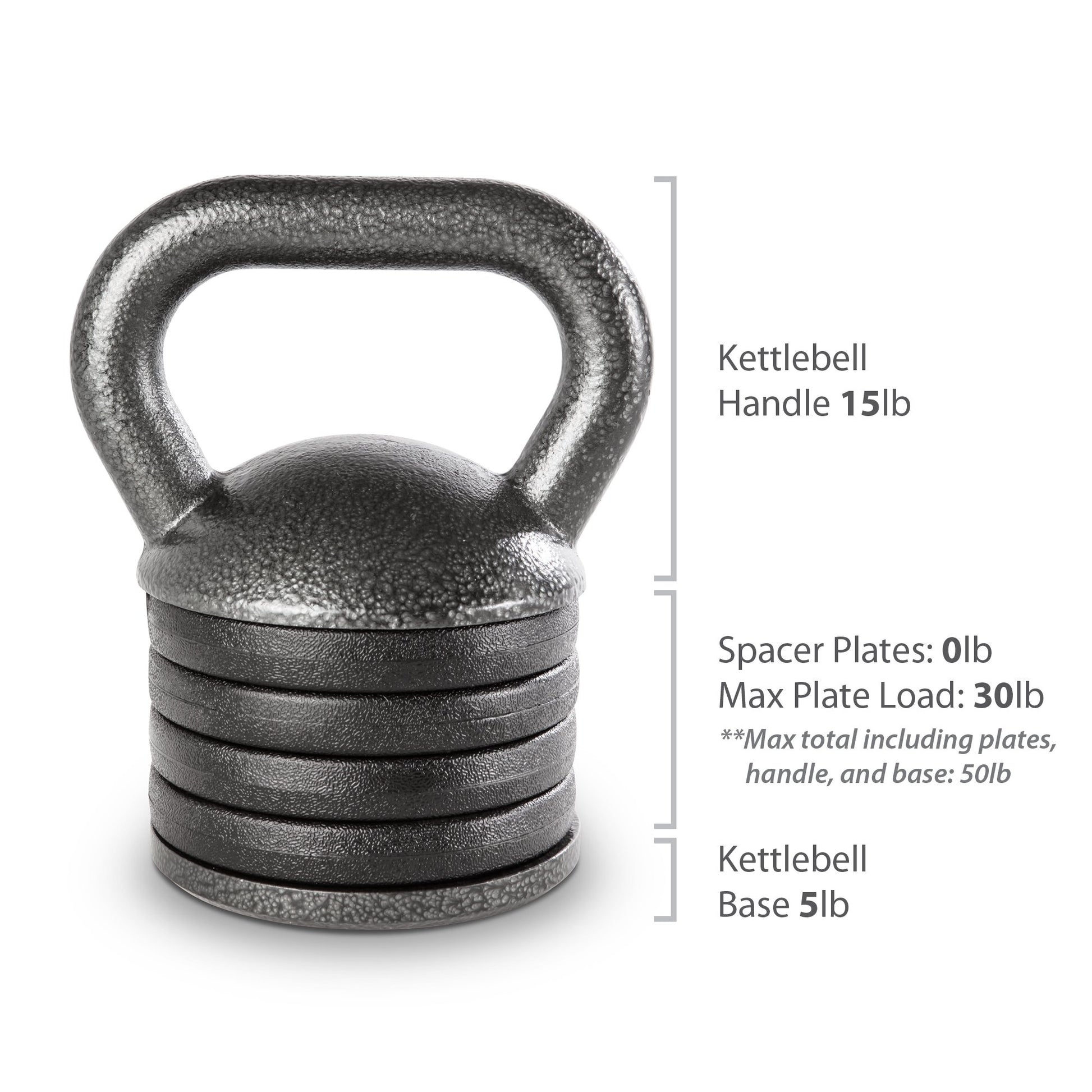 Apex 20lb Adjustable Cast Iron Kettlebell Handle, Compatible with 1” Weight Plates, Up to 50lb Load