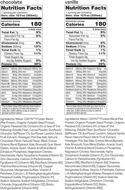 OWYN Only What You Need High Protein Plant Based Complete Nutrition Shake, Chocolate & Vanilla Variety Pack, 12 Fl Oz (12 Pack)