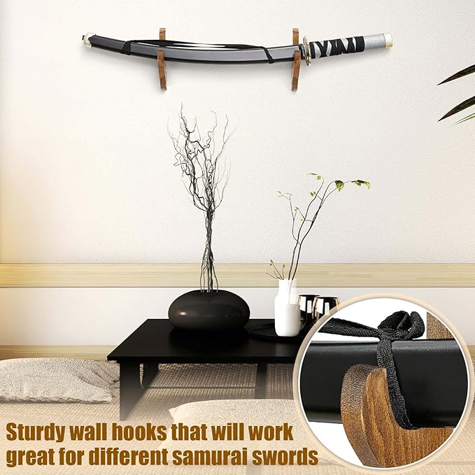 Chunful 2 Pcs Sword Wall Mount Sword Holder Katana Stand 1 Tier Katana Wall Mount Adjustable Hanger Display Wooden Samurai Mounts for Wall Weapon Hanger for Samurai (Brown)