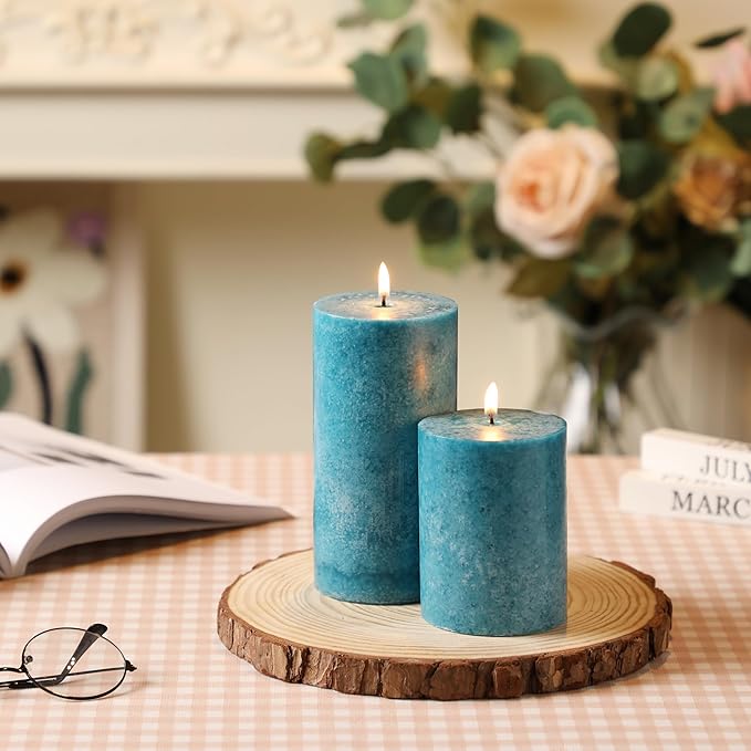 3x4 inch Blue Pillar Candles Set of 3, Unscented Pillar Candle, Dripless and Smokeless Large Candles, Candle for Home Decor, Dinner Table,Weddings, Holidays