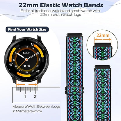 2 Pack Elastic Ankle/Arm Watch Bands Compatible with Garmin Venu 3/Venu 2/Vivoactive 4, Garmin Forerunner 570 47mm/265/255/255 Music, 22mm Sport Nylon Replacement Strap for Amazfit GTR 4/3/2