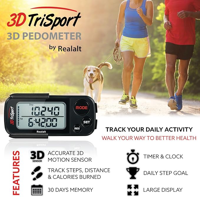 3DTriSport Walking 3D Pedometer with Clip & Strap, eBook Included | 30 Days Memory, Accurate Step Counter, Walking Distance Miles/Km, Calorie Counter, Daily Exercise Time Monitor