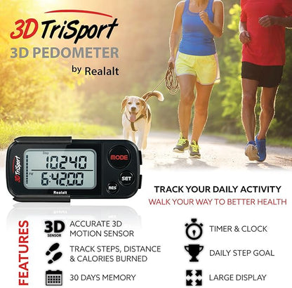 3DTriSport Walking 3D Pedometer with Clip & Strap, eBook Included | 30 Days Memory, Accurate Step Counter, Walking Distance Miles/Km, Calorie Counter, Daily Exercise Time Monitor