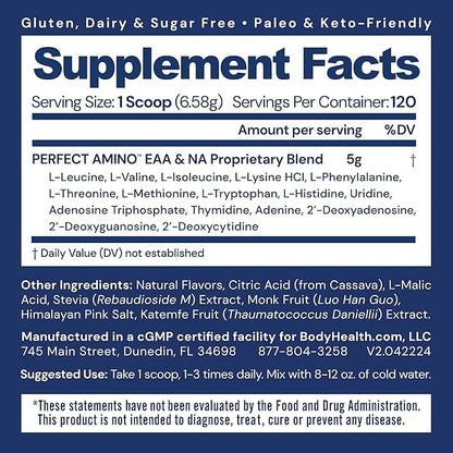 BodyHealth PerfectAmino Powder - BCAA and EAA Powder for Pre and Post Workout - Amino Acid Energy Drink for Men and Women to Support Lean Muscle and Recovery - Mixed Berry - 120 Servings