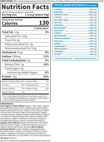 Garden of Life Protein Powder, Vegan Protein Powder, BCAA, Probiotics & Digestive Enzymes, Gluten & Lactose Free, Vanilla, 1.5 LB