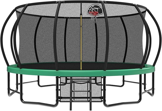 12 14 15 16FT Outdoor Trampolines for Kids and Adults, Pumpkin Trampolin with Curved Poles, Recreational Trampolin with Basketball Hoop and Safety Enclosure Net for Kids and Adults