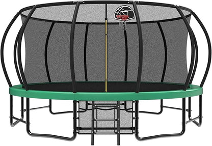 12 14 15 16FT Outdoor Trampolines for Kids and Adults, Pumpkin Trampolin with Curved Poles, Recreational Trampolin with Basketball Hoop and Safety Enclosure Net for Kids and Adults