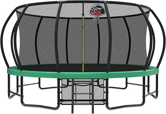 12 14 15 16FT Outdoor Trampolines for Kids and Adults, Pumpkin Trampolin with Curved Poles, Recreational Trampolin with Basketball Hoop and Safety Enclosure Net for Kids and Adults