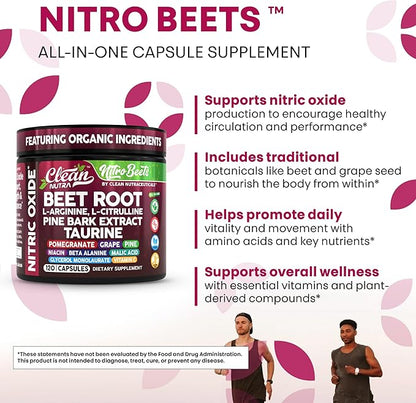 Clean Nutra Organic Beet Root Capsules L Arginine L Citrulline Pine Bark Nitric Oxide Beetroot Powder Arginine Citrulline Supplement Pre Workout Supplements Extract ??120 Vegan Pills