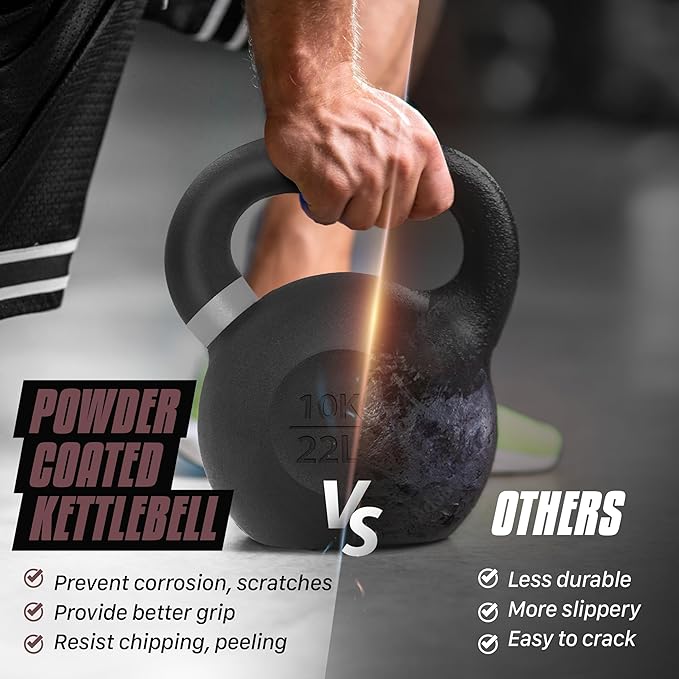 Yes4All Kettlebell, Heavy Duty Powder Coated Cast Iron Kettlebells, Non-Slip Handle & Flat Bottom for Conditioning, Strength Training & Full Body Exercises at Home Gym - Single & Pair