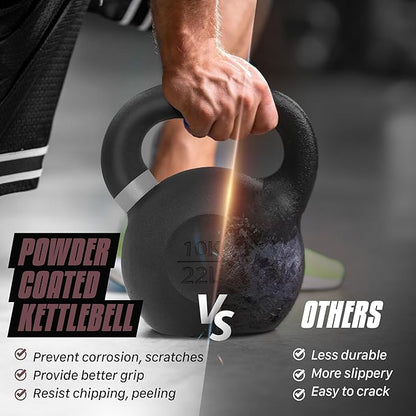 Yes4All Kettlebell, Heavy Duty Powder Coated Cast Iron Kettlebells, Non-Slip Handle & Flat Bottom for Conditioning, Strength Training & Full Body Exercises at Home Gym - Single & Pair