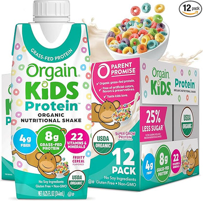 Orgain Organic Kids Nutritional Protein Shake, Fruity Cereal - Kids Snacks with 8g Dairy Protein, 22 Vitamins & Minerals, Fruits & Vegetables, Gluten Free, Soy Free, Non-GMO, 8.25 Fl Oz (Pack of 12)