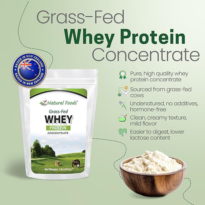 Z Natural Foods Grass-Fed Whey Protein Concentrate - Clean Whey Protein Powder from New Zealand - Cold Processed Pure Whey Protein with Essential Amino Acids for Nutrition & Fitness, Unflavored, 1 lb