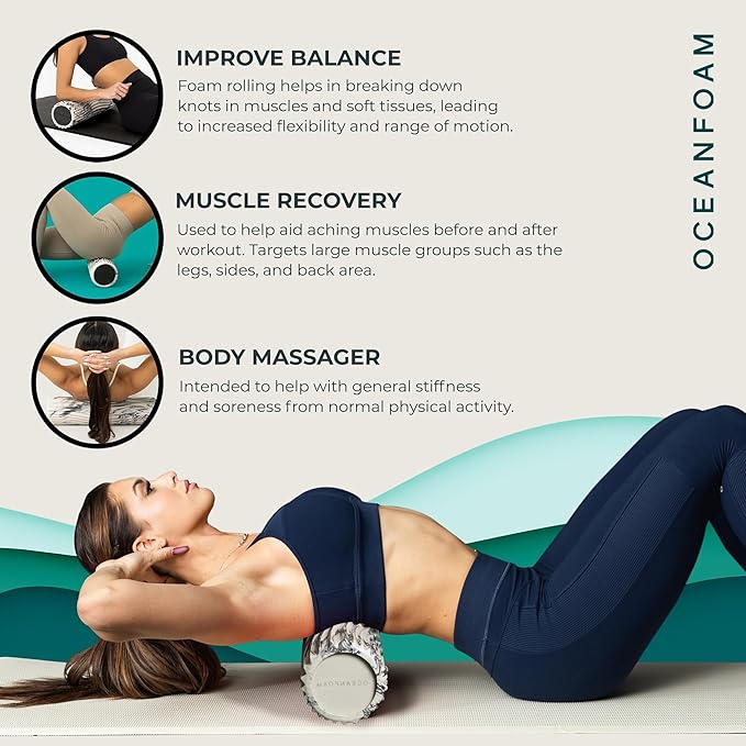 Oceanfoam Tidal Roller - Black Marbled - Muscle Massage Foam Roller for Back Pain & Stretching - Firm and Ergonomic Wide Wave Textured - Yoga, Athletics, & Wellness - Full Size, 20" x 5"