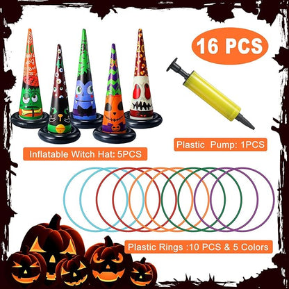 Capoda 16 Pcs Halloween Party Games Toys Inflatable Witch Hat Ring Toss Game with Plastic Toss Rings and Pump Halloween Indoor Outdoor Garden Game Supplies for Trick or Treat Family Games Decorations