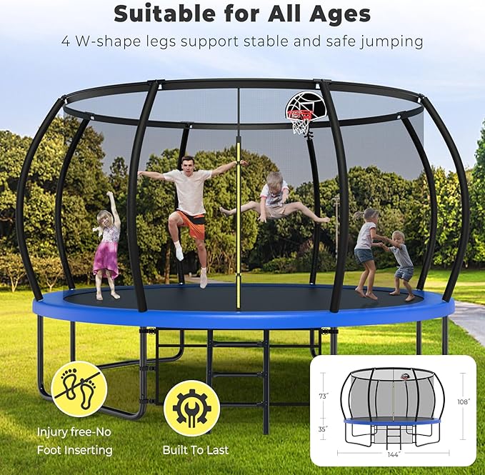 12 14 15 16FT Outdoor Trampolines for Kids and Adults, Pumpkin Trampolin with Curved Poles, Recreational Trampolin with Basketball Hoop and Safety Enclosure Net for Kids and Adults