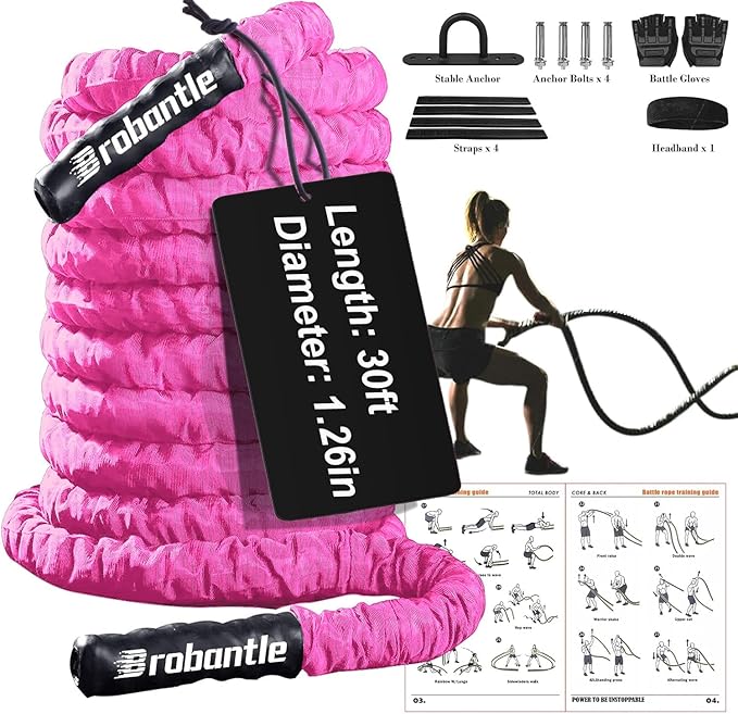 Battle Rope 1/1.26/1.5/2 Inch Diameter,Pink 30FT/40FT/50FT Exercise Workout Ropes for Home Gym Heavy Weighted Training Rope for Working Out