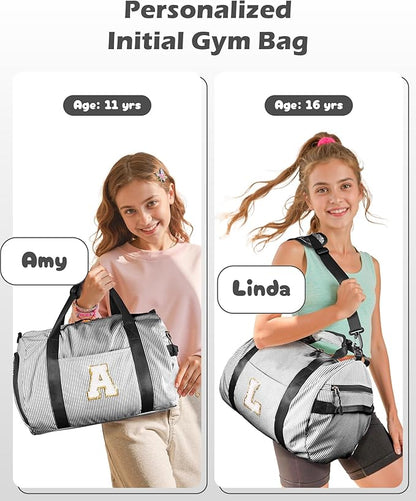 Cute Preppy Gift for Girls, Girl Gym Bag, Kids Monogram Overnight Duffel Bags with Shoe Compartment, Personalized Travel Bag with Makeup Pouch, Chenille Birthday Gifts for Teen (Letter D)