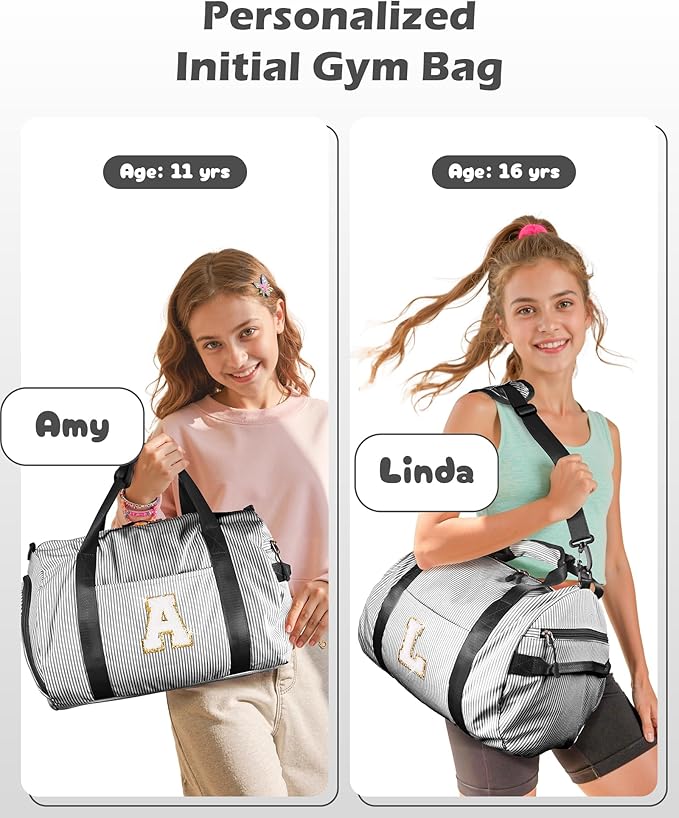 Gifts for 4 5 6 7 8 9 10 11 Year Old Girls, Girl Gym Bag, Kids Monogram Overnight Duffel Bags with Shoe Compartment, Personalized Travel Bag with Makeup Pouch, Dance Recital Gift (Letter M)