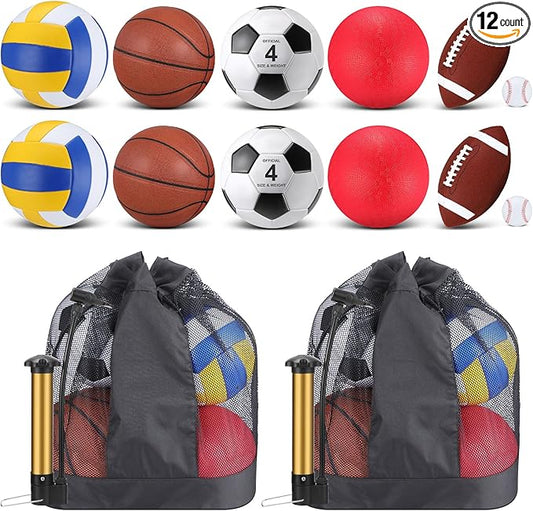 Deekin 12 Pcs Assorted Sport Ball Set Official Size Basketball, Football, Volleyball, Soccer