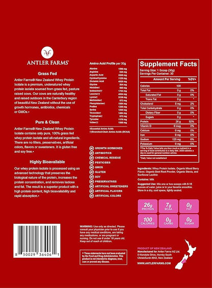 Antler Farms - 100% Grass Fed New Zealand Whey Protein Isolate, Mixed Berry Flavor, 30 Servings, 2 lbs - Delicious, Cold Processed, Rapidly Absorbed, Keto Friendly, NO-Hormones, NO-GMOs