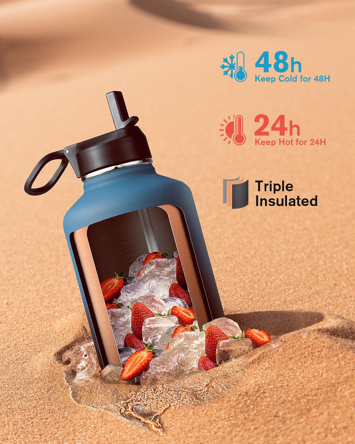 Coolflask Half Gallon Water Bottle Insulated with Straw & 3 Leakproof Lids