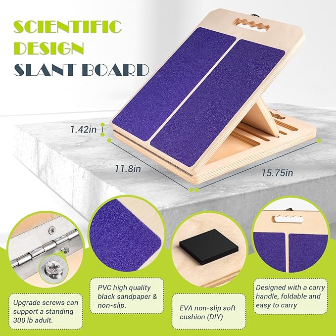 Slant Board for Calf Stretching, Adjustable Portable Wooden Incline Board for Calf Stretcher with Training Poster, 300 Lbs Weight Capacity Calf Stretch Wedge for Leg, Knees, Heel, Ankle & Stretching