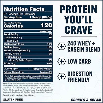 PEScience Select Protein Powder, Whey and Casein Blend, Clean Protein Powder for Women and Men, Low Calorie, Low Carb, Keto Friendly, Gluten Free - Cookies and Cream - 27 Servings