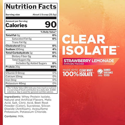 Rule 1 Clear Whey Isolate - 20g All-whey Isolate Protein, Over 9g EAAs, 300mg of Electrolyte Minerals, 90 Calories, Light, Crisp, and Refreshing Taste (27 Servings, Strawberry Lemonade)