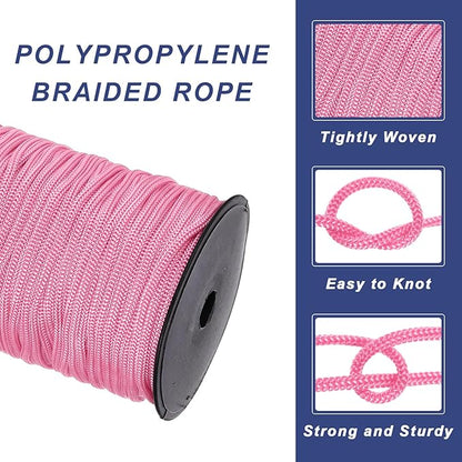 MECCANIXITY 3/16 Inch Polypropylene Rope Braided Ropes, 328ft Nylon Rope Hollow Utility Cord for Clothesline, Camping, Hiking, Outdoor, Pink